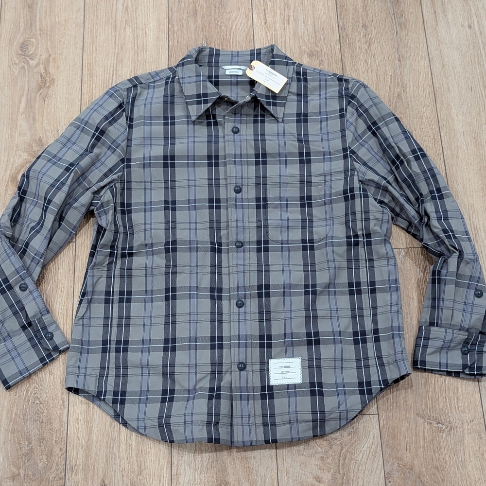 $2690 Mens THOM BROWNE Plaid Curved Hem Shacket Shirt Jacket Gray 4 (XL)